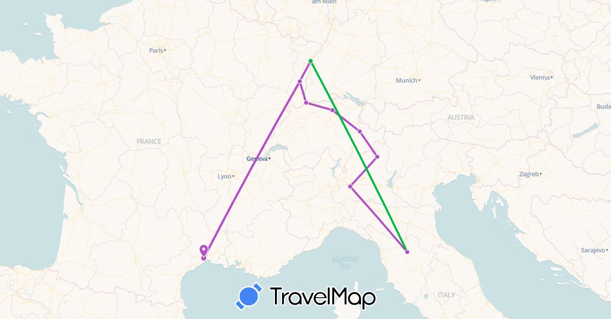 TravelMap itinerary: bus, train in Switzerland, France, Italy (Europe)